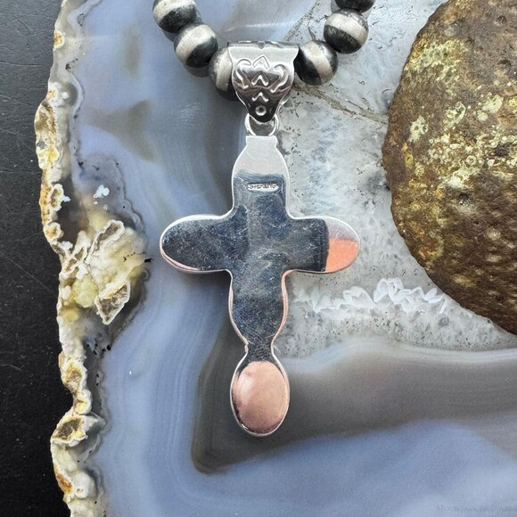 Native American Sterling Silver 5 Oval Pink Conch Cross Pendant For Women - Picture 7 of 10